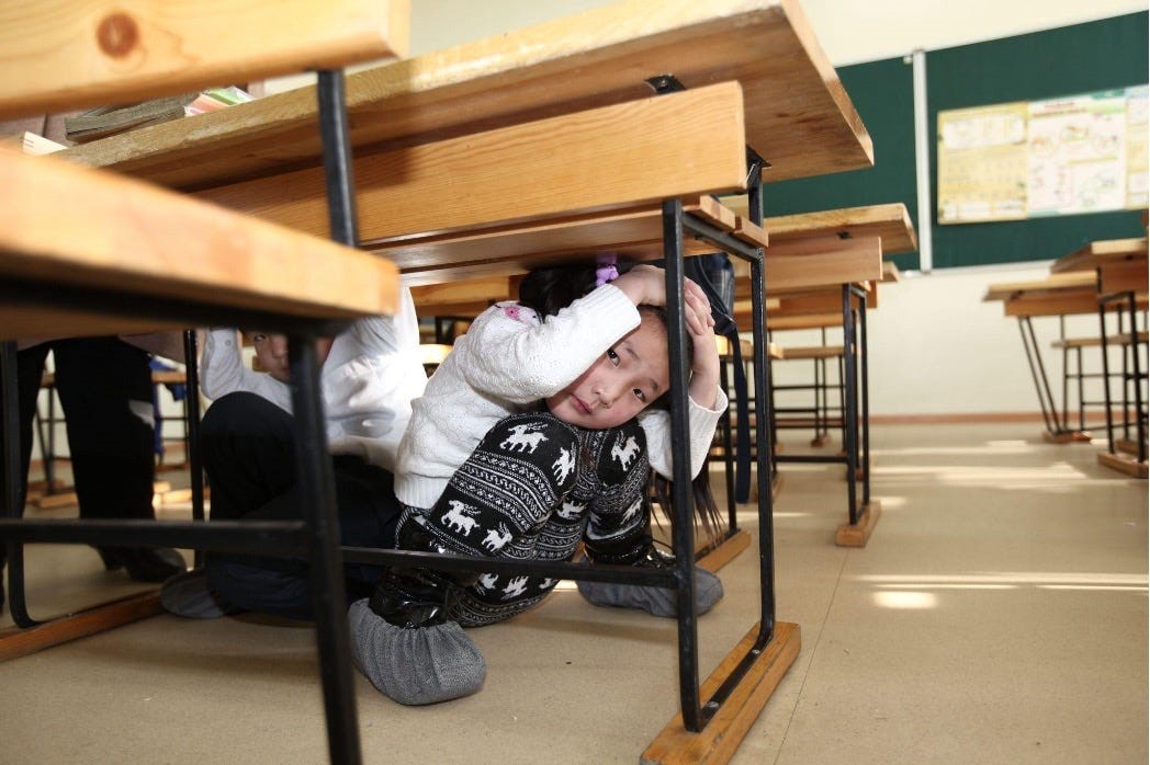 School children take cover under a desk during an earthquake preparedness drill | Photo: IFRC