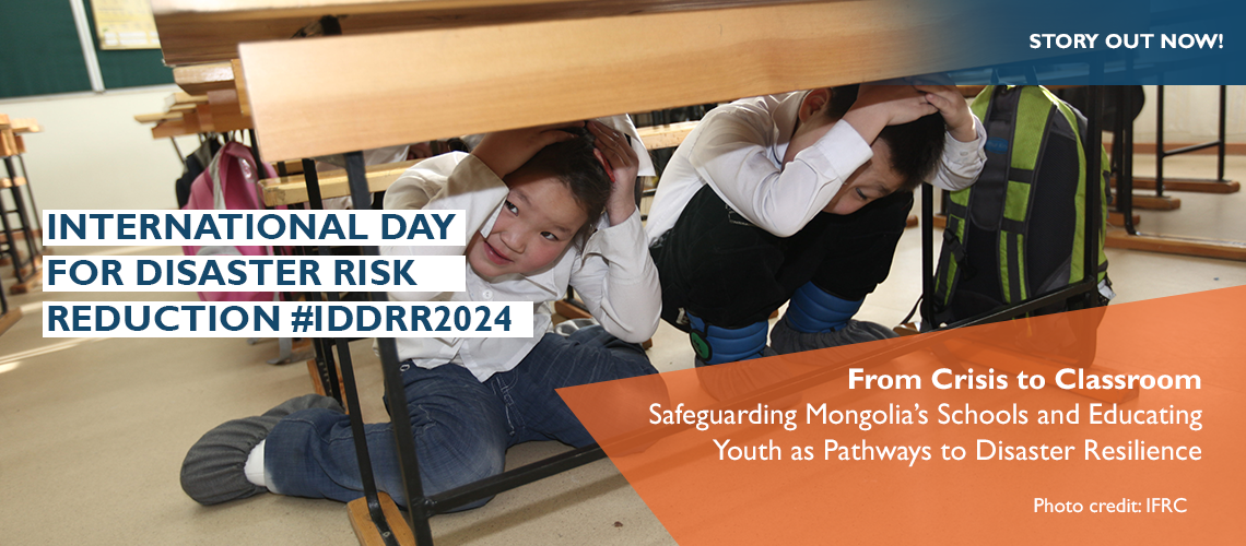School children take cover under a desk during an earthquake preparedness drill | Photo: IFRC 