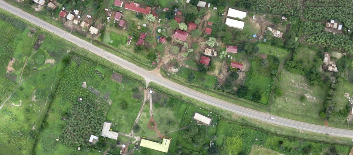 Aerial view of small cluster of buildings