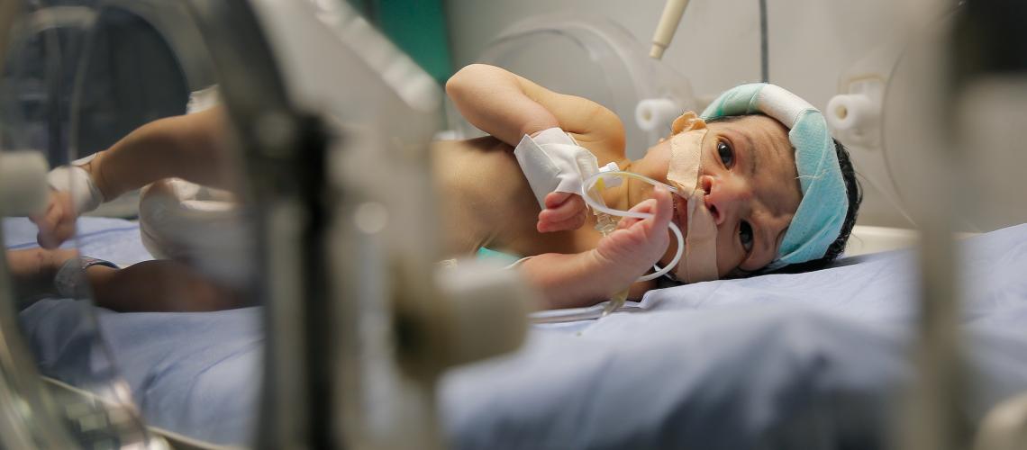 Hospitalised baby hooked up to machines