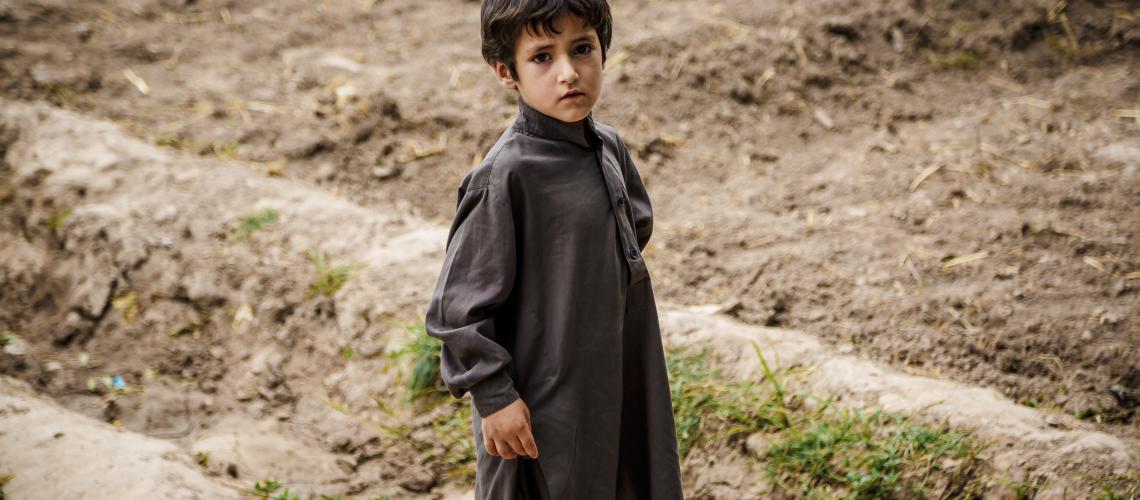 A young boy standing in a field